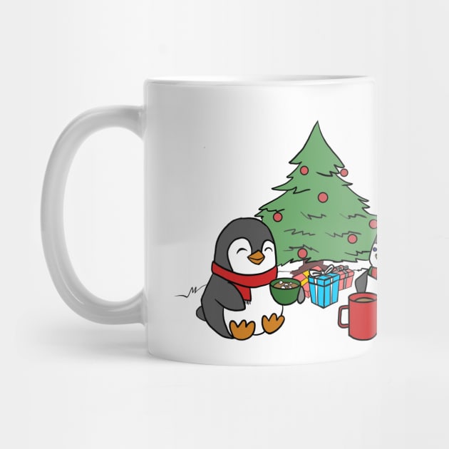 Christmas Penguins Enjoying Hot Cocoa with Christmas Tree v2 by Elizabeths-Arts